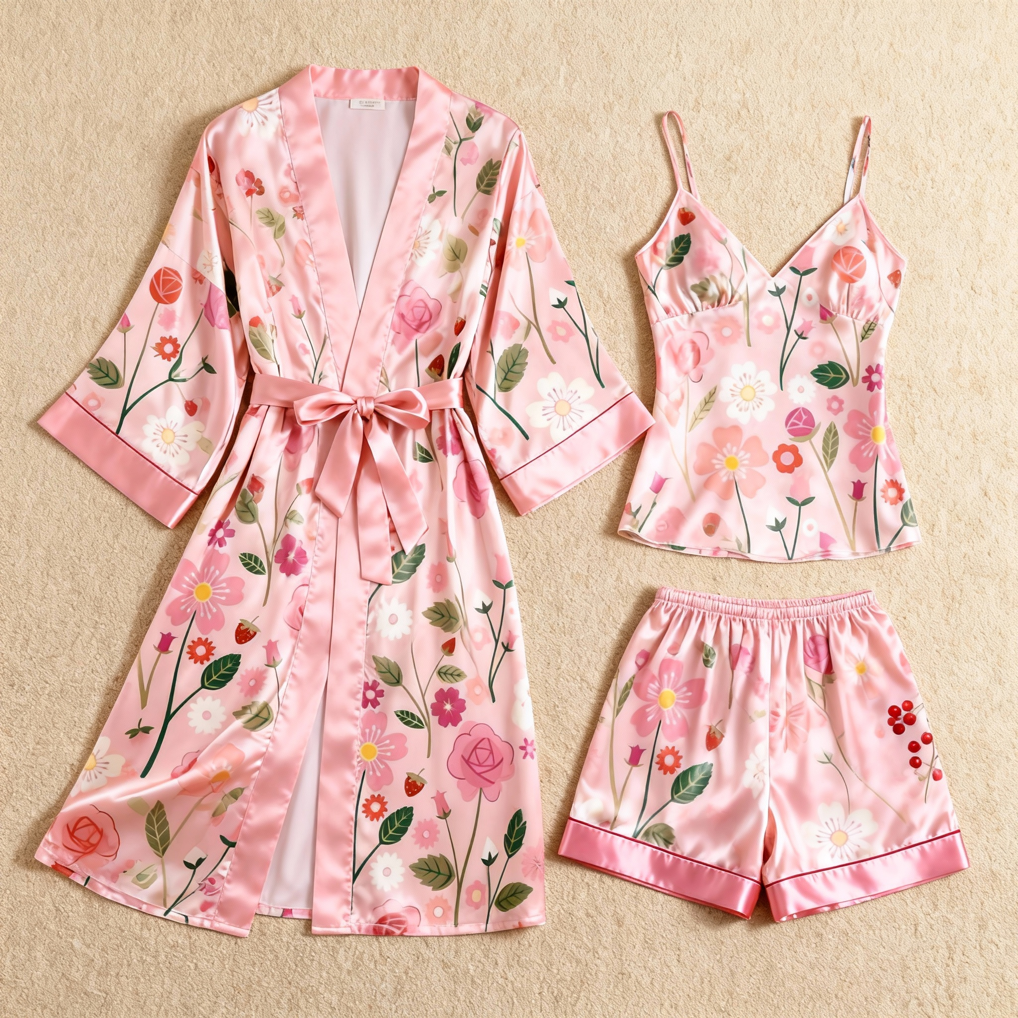 Dreamy Soft-Blossom Motif 3-Piece Satin Lounge Set for Women
