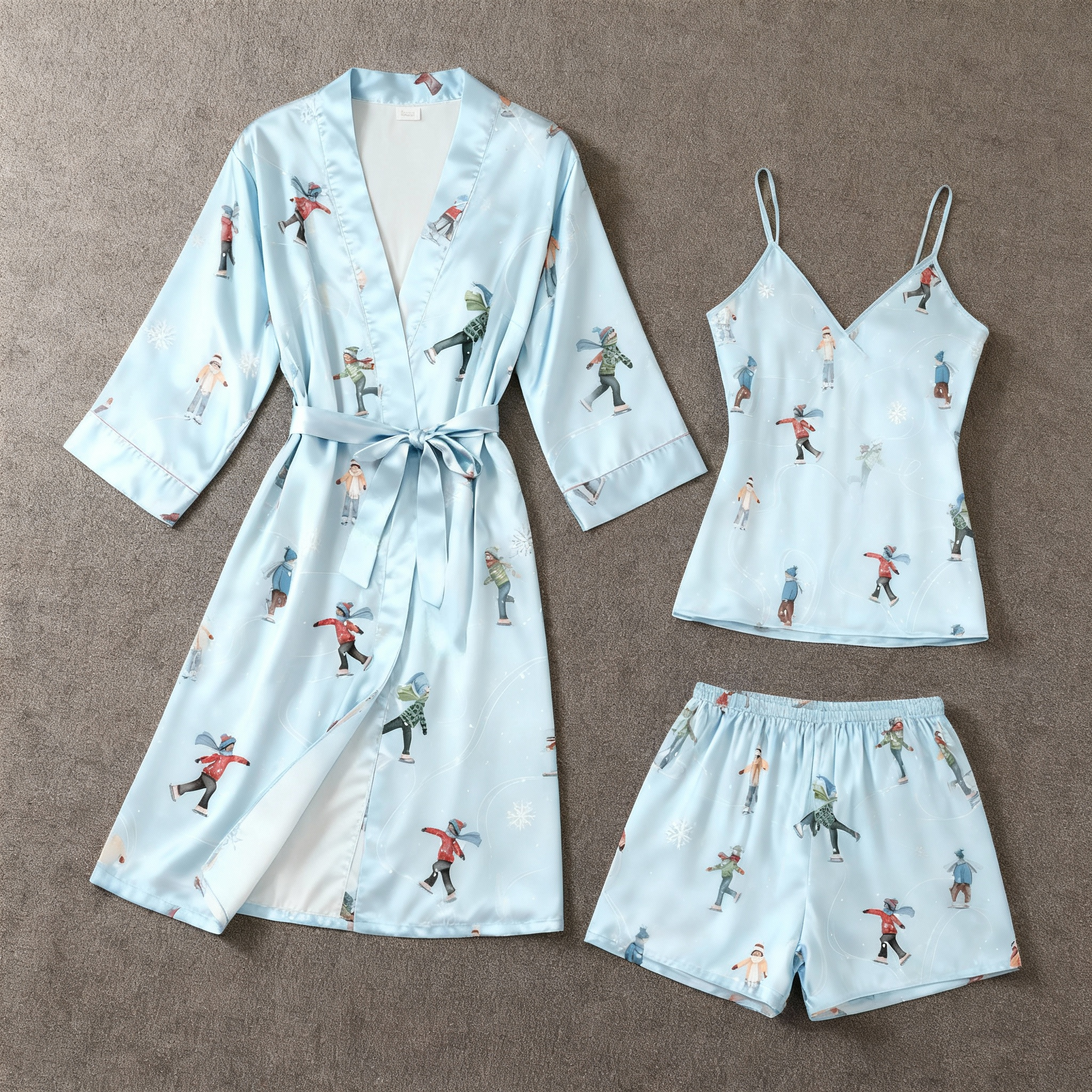 Elegant Satin Loungewear Trio with Skiing Cartoon Characters Motif