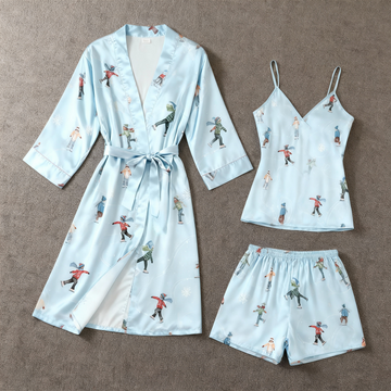 Elegant Satin Loungewear Trio with Skiing Cartoon Characters Motif