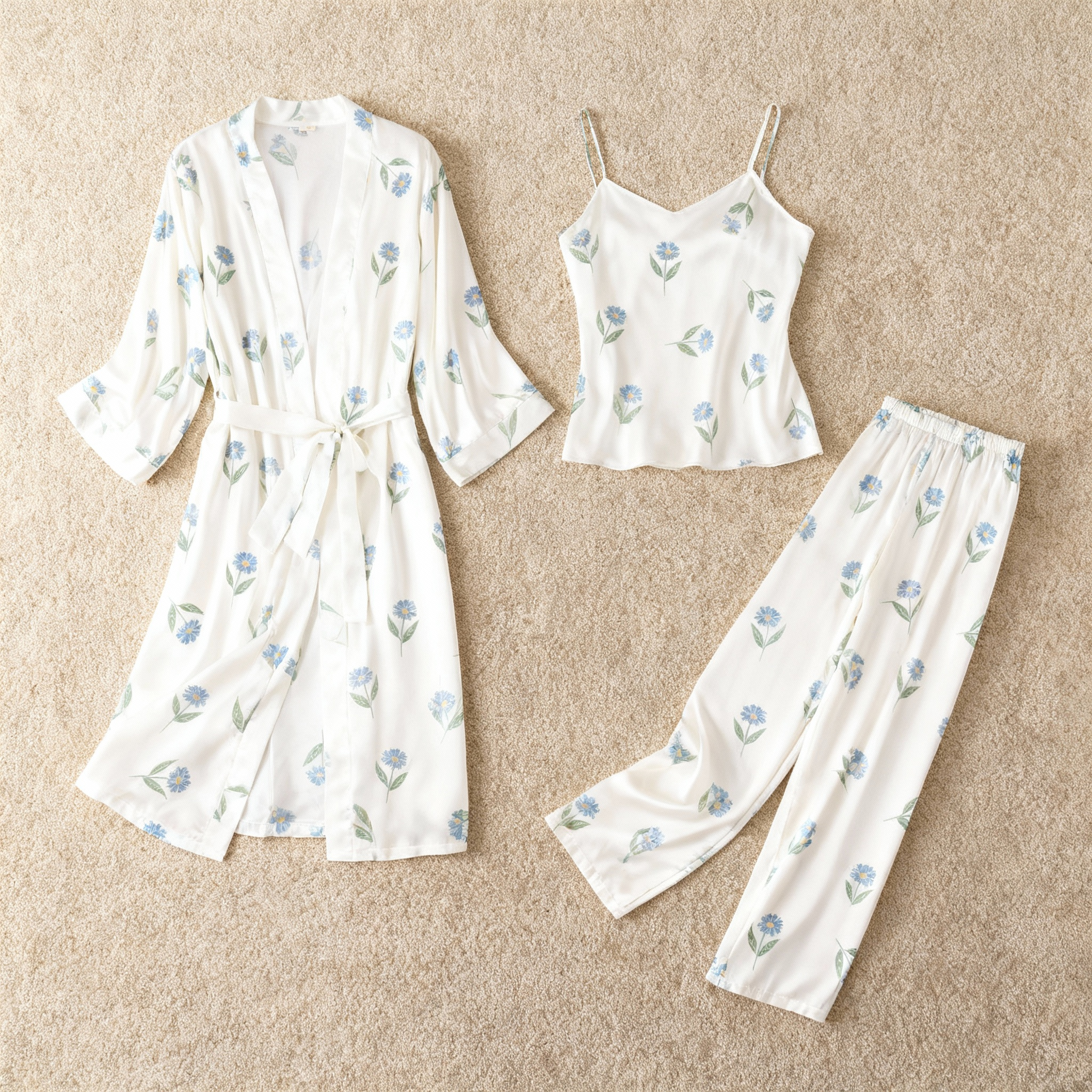 Women's Satin 3-Piece Loungewear Set in Soft Florals Style