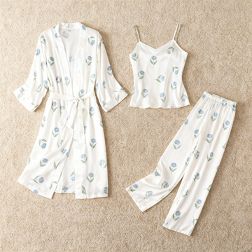 Women's Satin 3-Piece Loungewear Set in Soft Florals Style