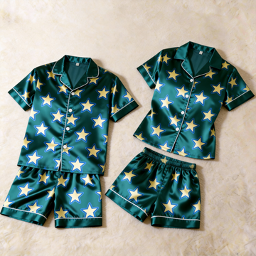 Smooth Satin Stars Design Sleepwear – Casual Couple Pajamas