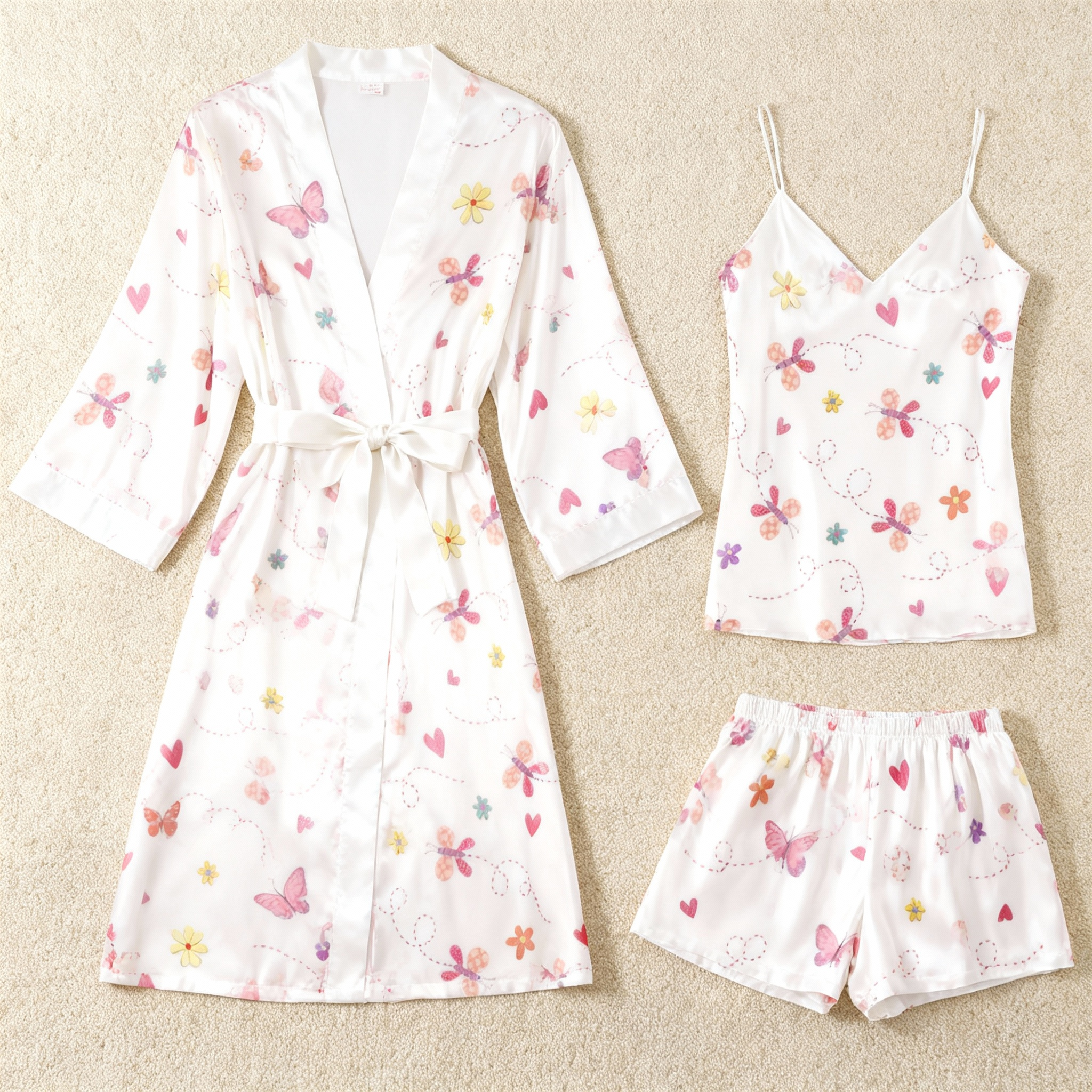 Elegant Satin Loungewear Trio with Dreamy Butterfly Design