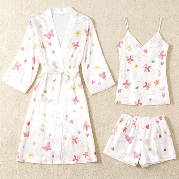 Elegant Satin Loungewear Trio with Dreamy Butterfly Design