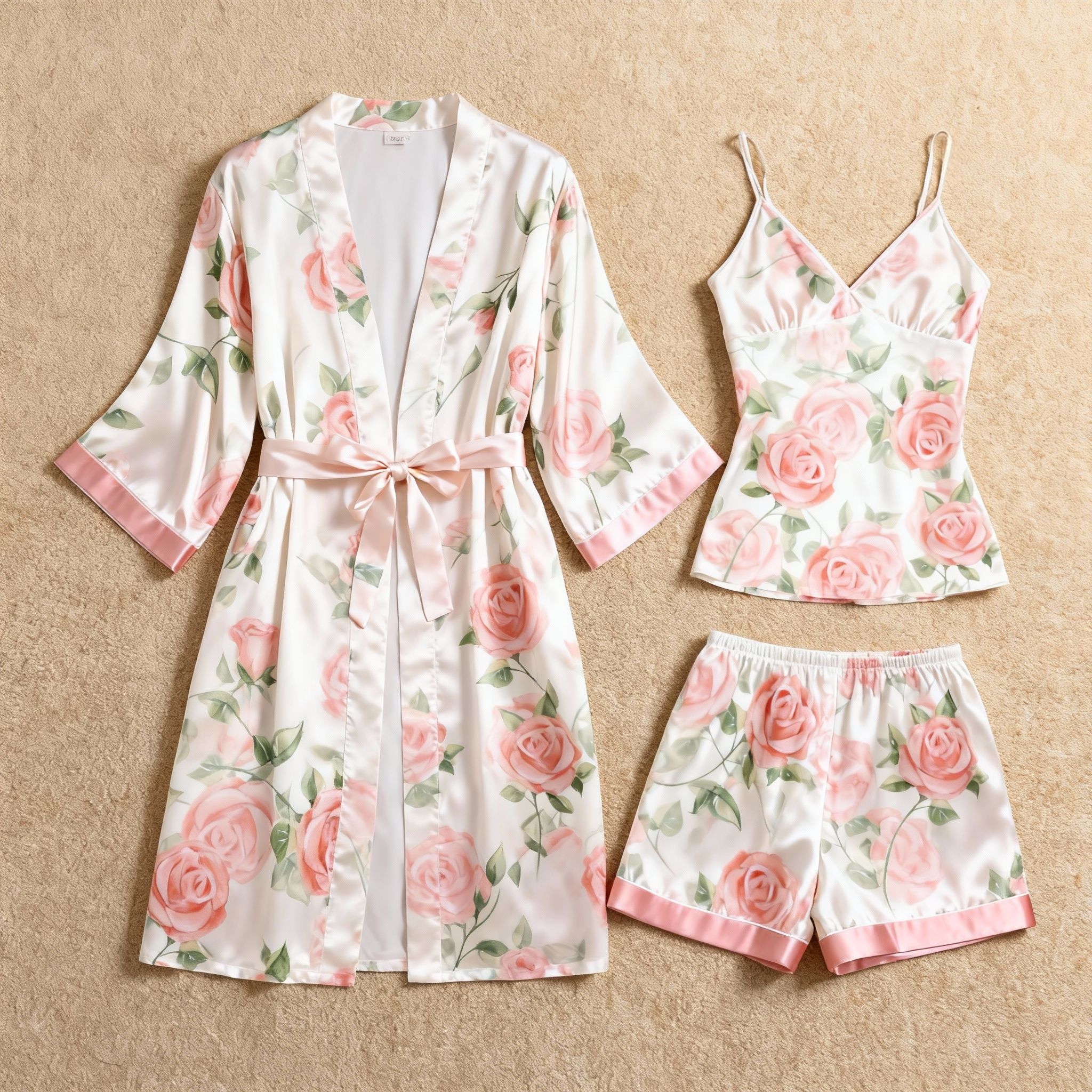 Romantic Soft-Blossom Motif 3-Piece Satin Lounge Set for Women