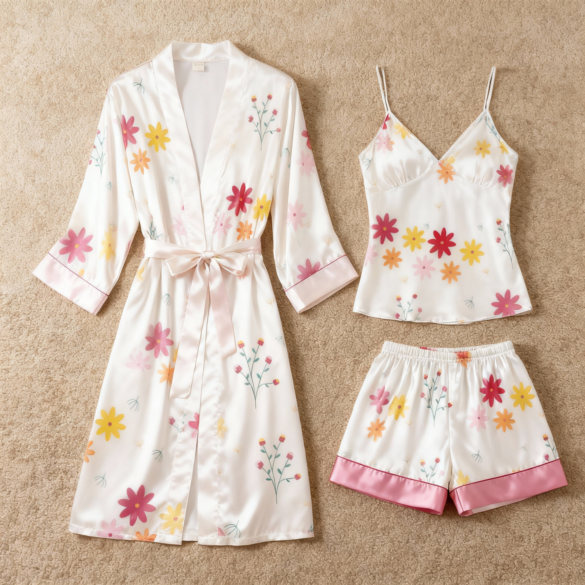 Elegant Satin 3-Piece Loungewear Set with Tiny Floral Pattern