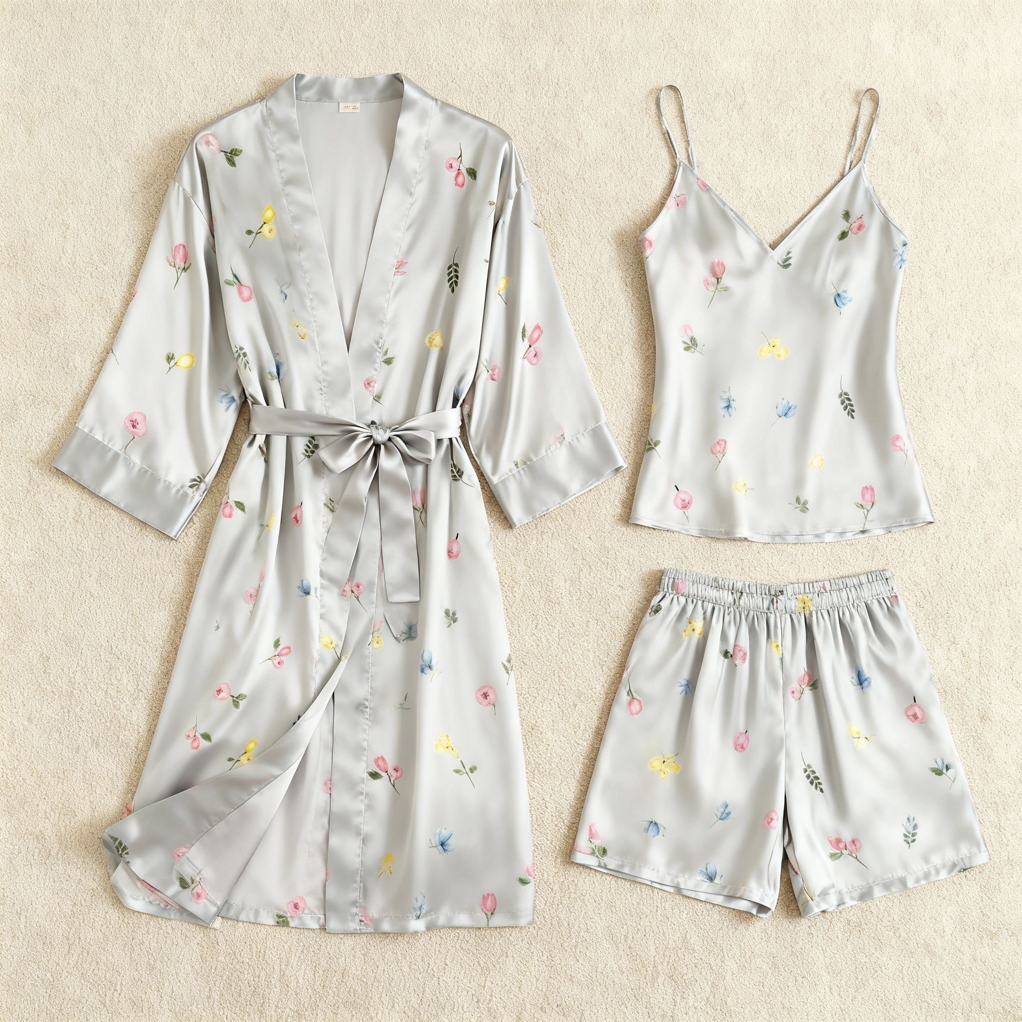 Elegant Satin Loungewear Trio in Silver Style
