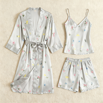 Elegant Satin Loungewear Trio in Silver Style