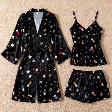 Elegant Satin Black Loungewear Trio with Colorful Star Design
