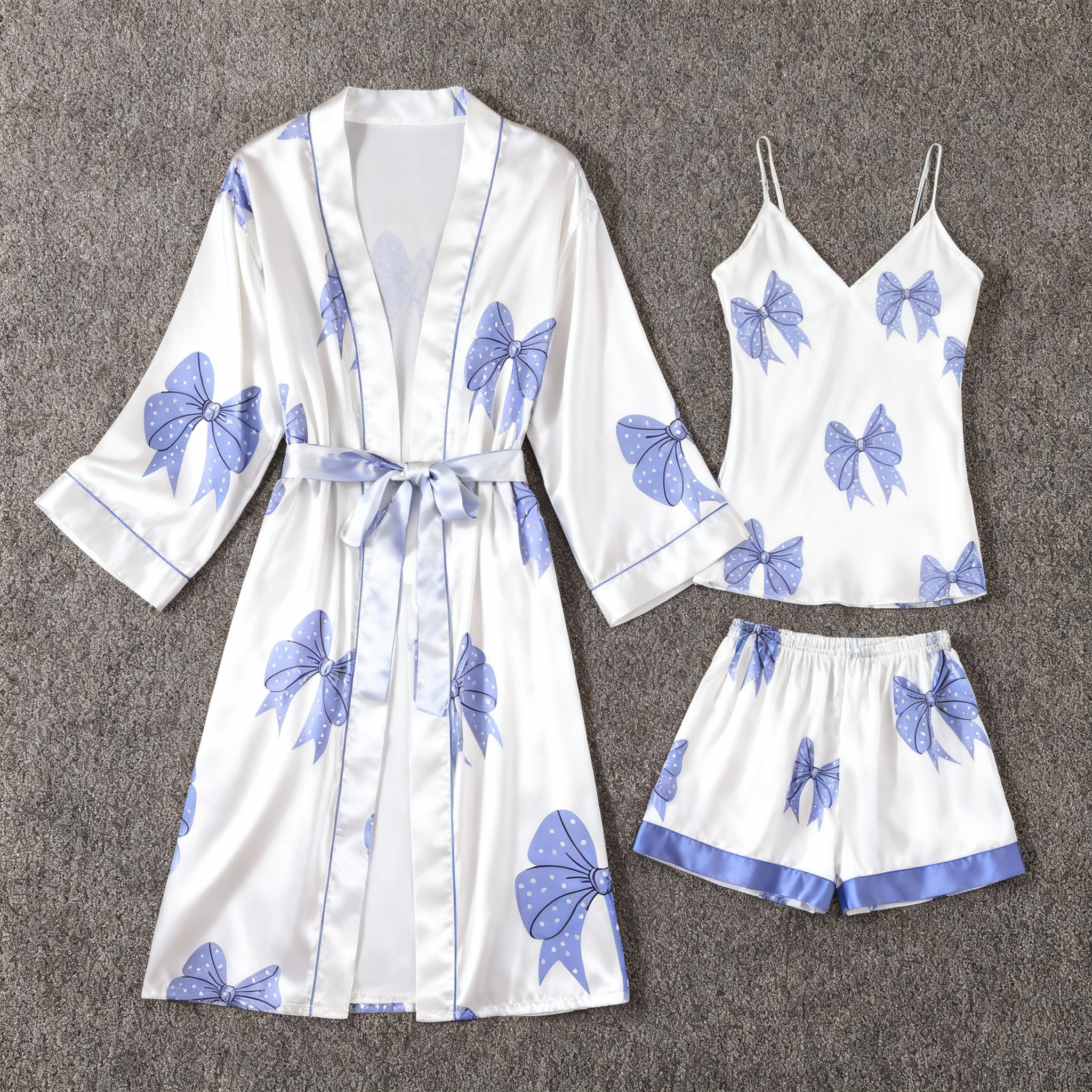 Elegant Satin 3-Piece Loungewear Set with Bowknot Pattern