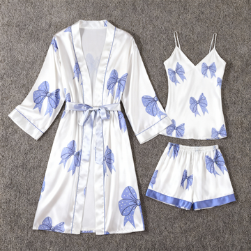 Elegant Satin 3-Piece Loungewear Set with Bowknot Pattern