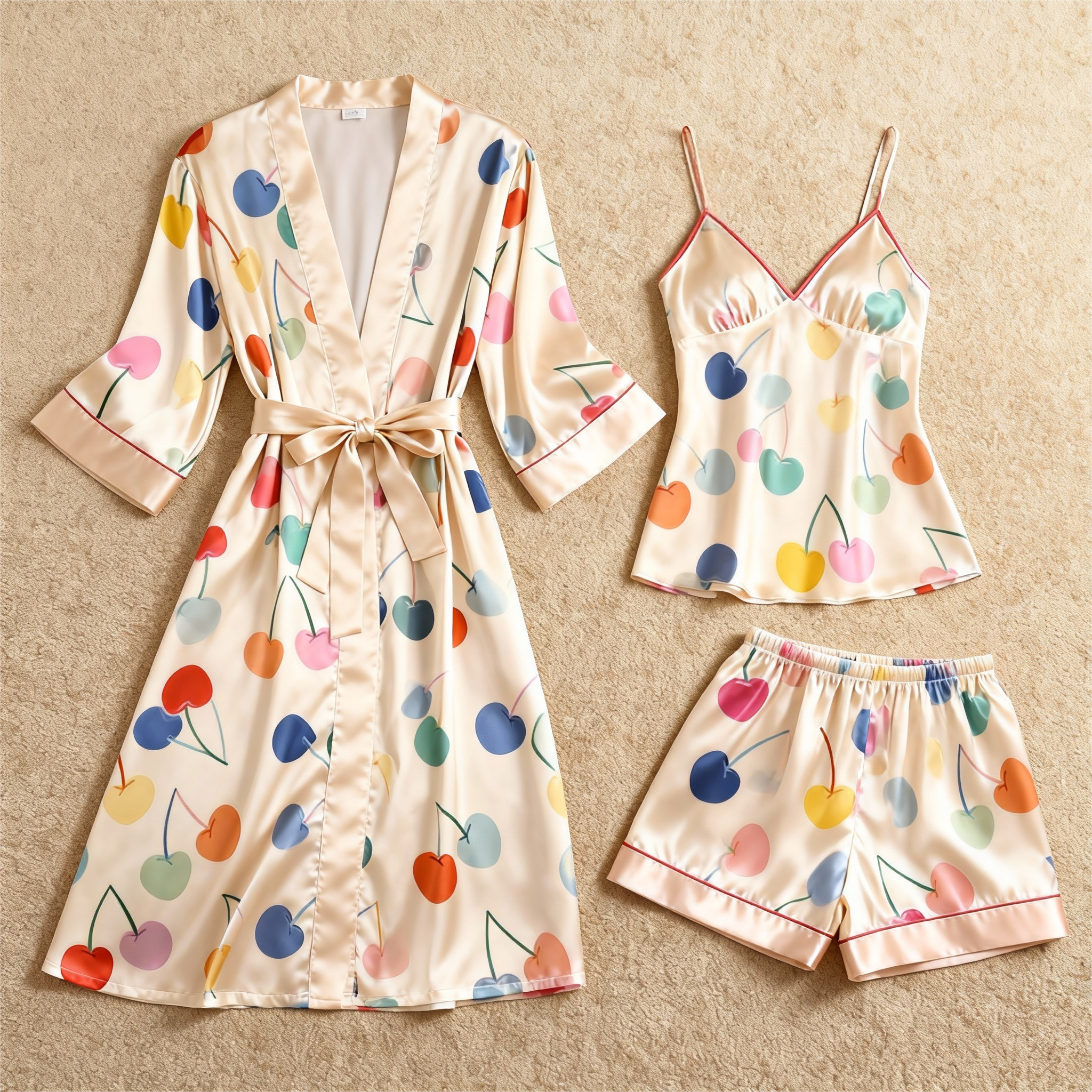 Colorful Cherry Motif 3-Piece Satin Lounge Set for Women