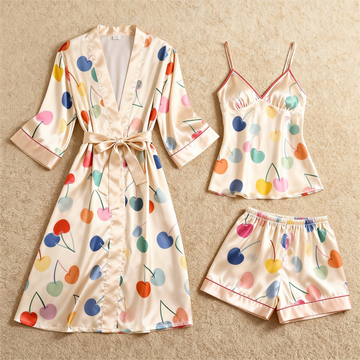 Colorful Cherry Motif 3-Piece Satin Lounge Set for Women
