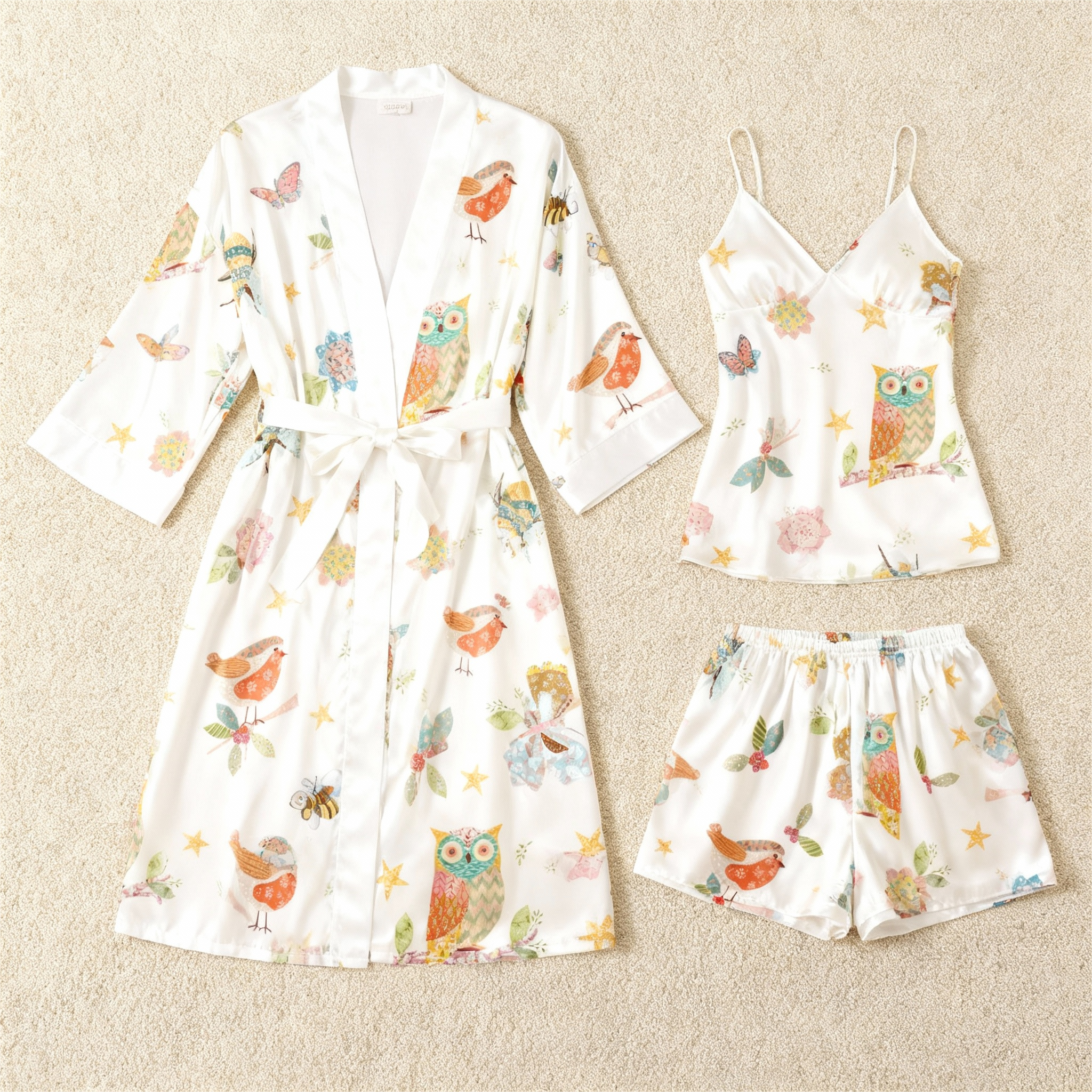 Elegant Satin Loungewear Trio with Adorable Animal Print