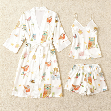 Elegant Satin Loungewear Trio with Adorable Animal Print
