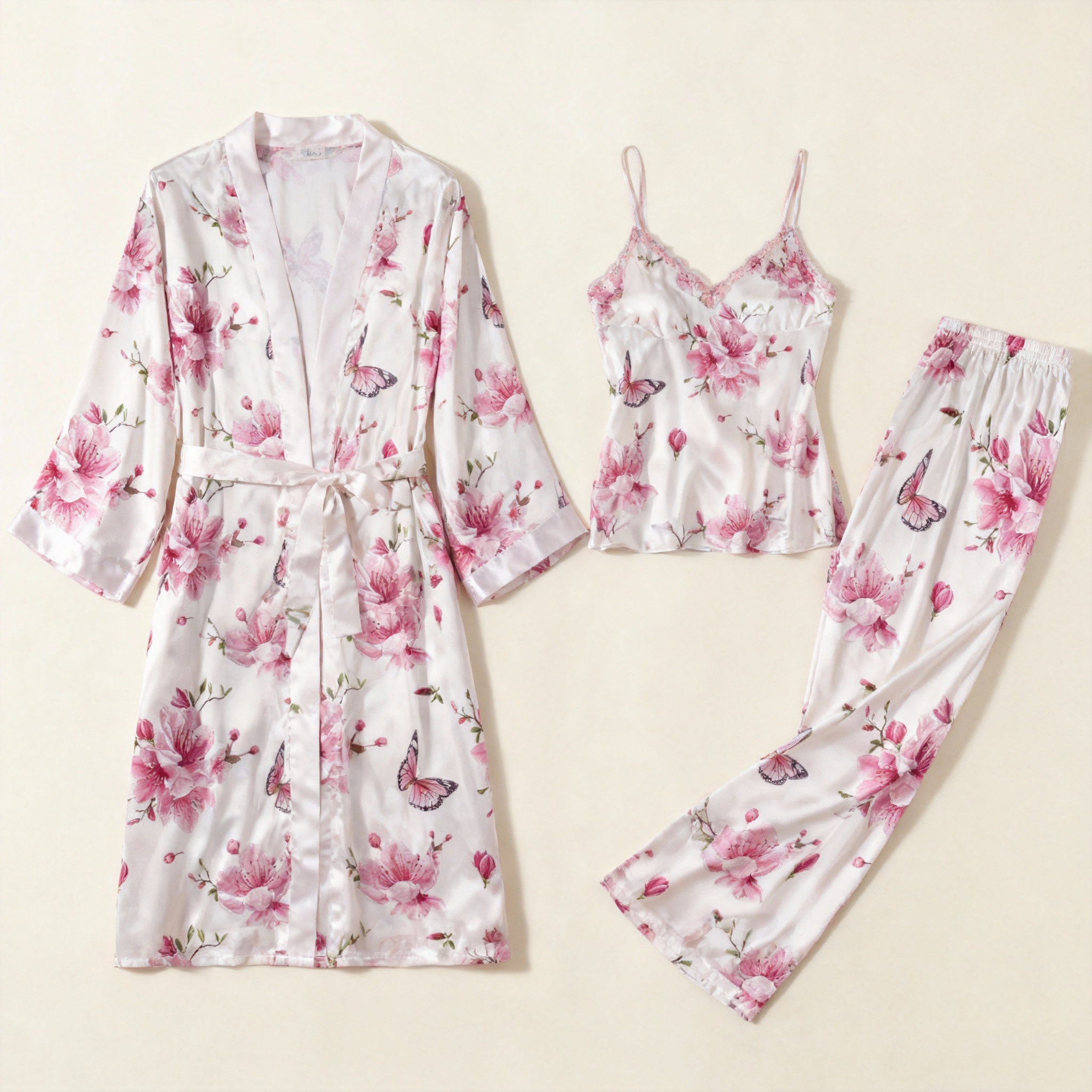 Women's 3-Piece Pink Floral Satin Lounge Outfit