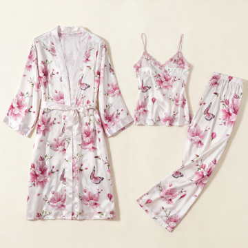 Women's 3-Piece Pink Floral Satin Lounge Outfit