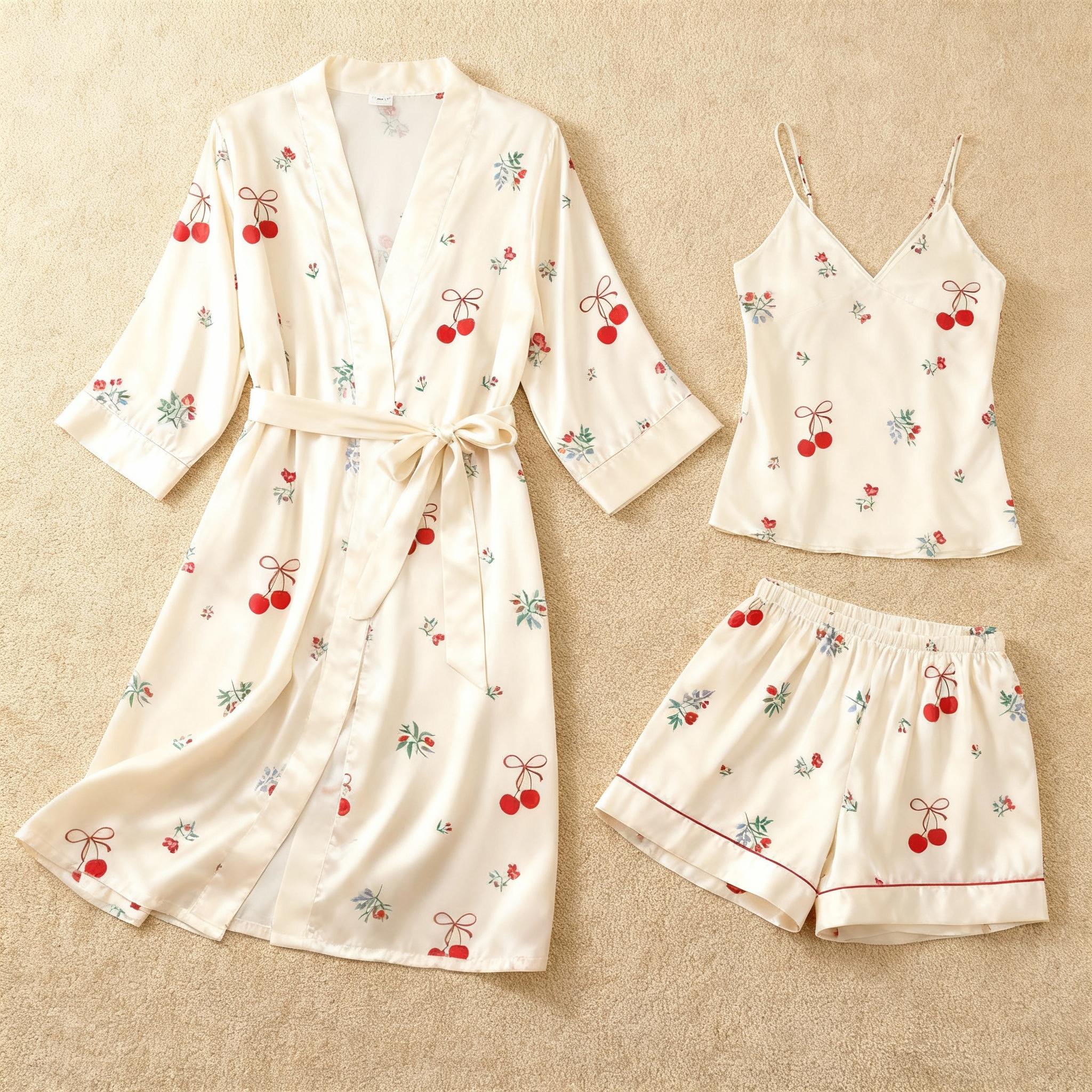 Cherry Print Elegance 3-Piece Satin Lounge Set for Women