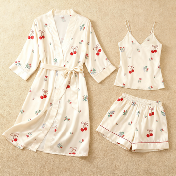 Cherry Print Elegance 3-Piece Satin Lounge Set for Women