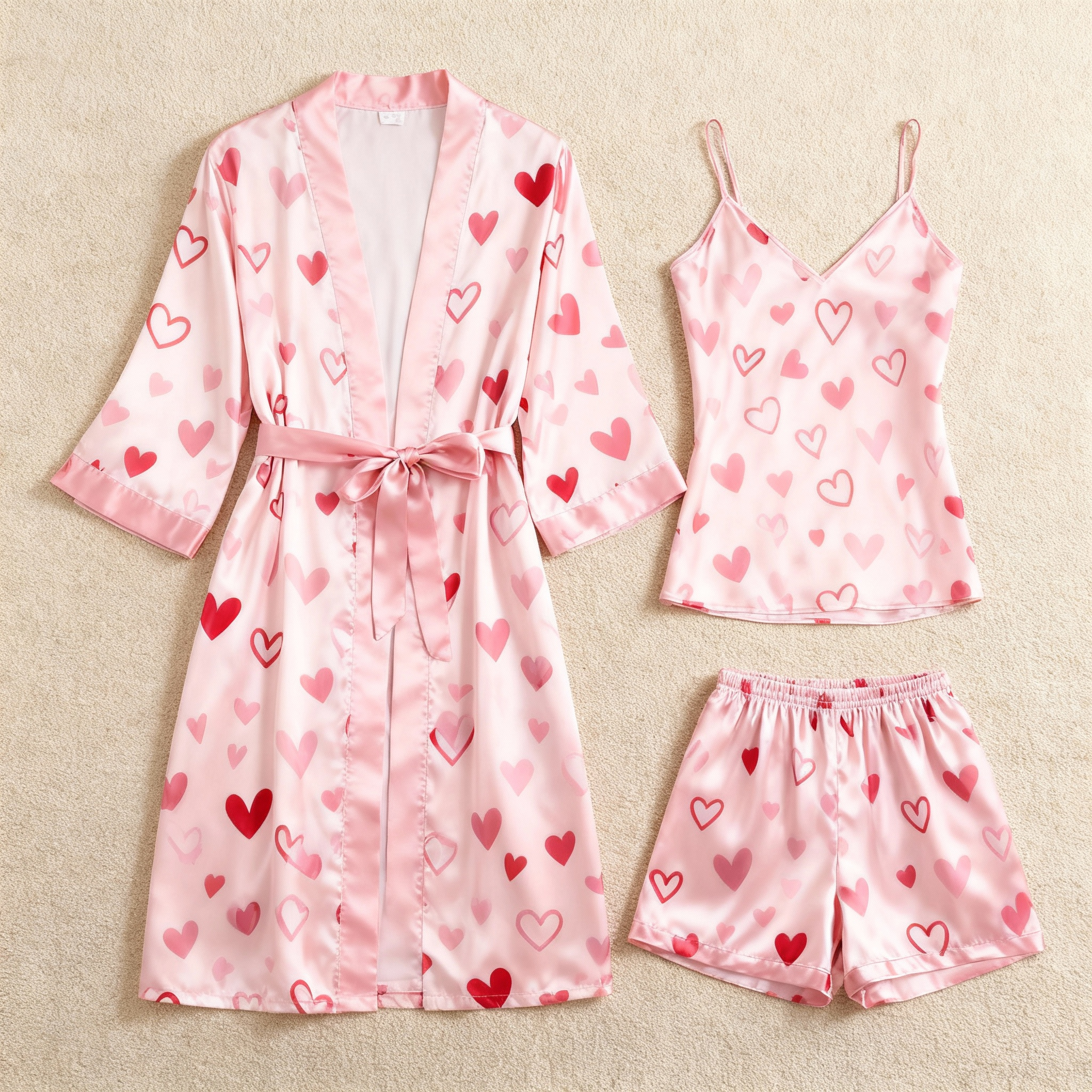 Elegant Satin 3-Piece Loungewear Set with Pink Heart Design