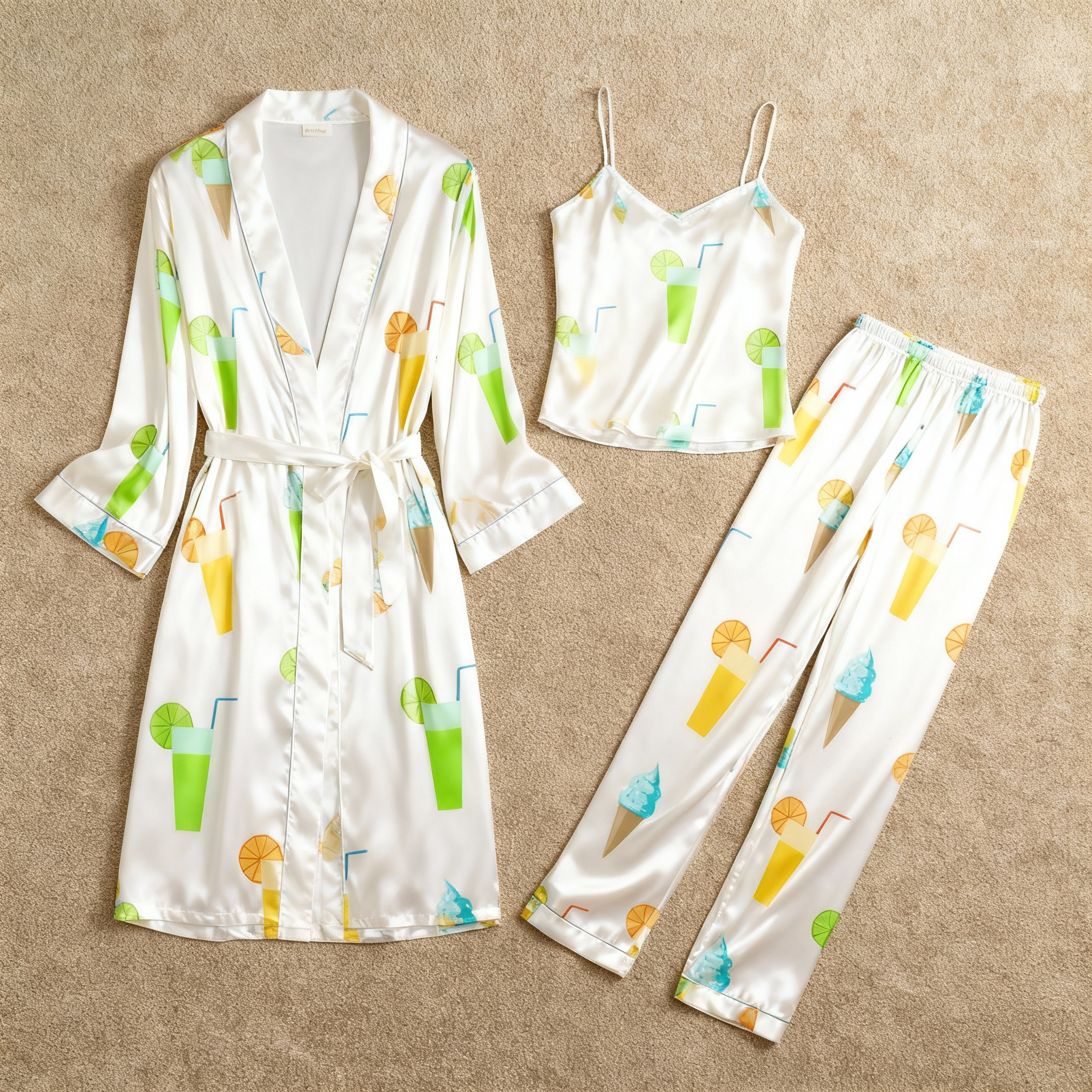 Women's 3-Piece Summer Drinks Print Satin Loungewear