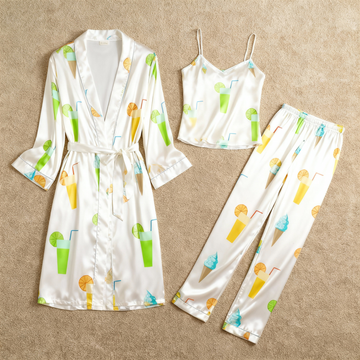 Women's 3-Piece Summer Drinks Print Satin Loungewear