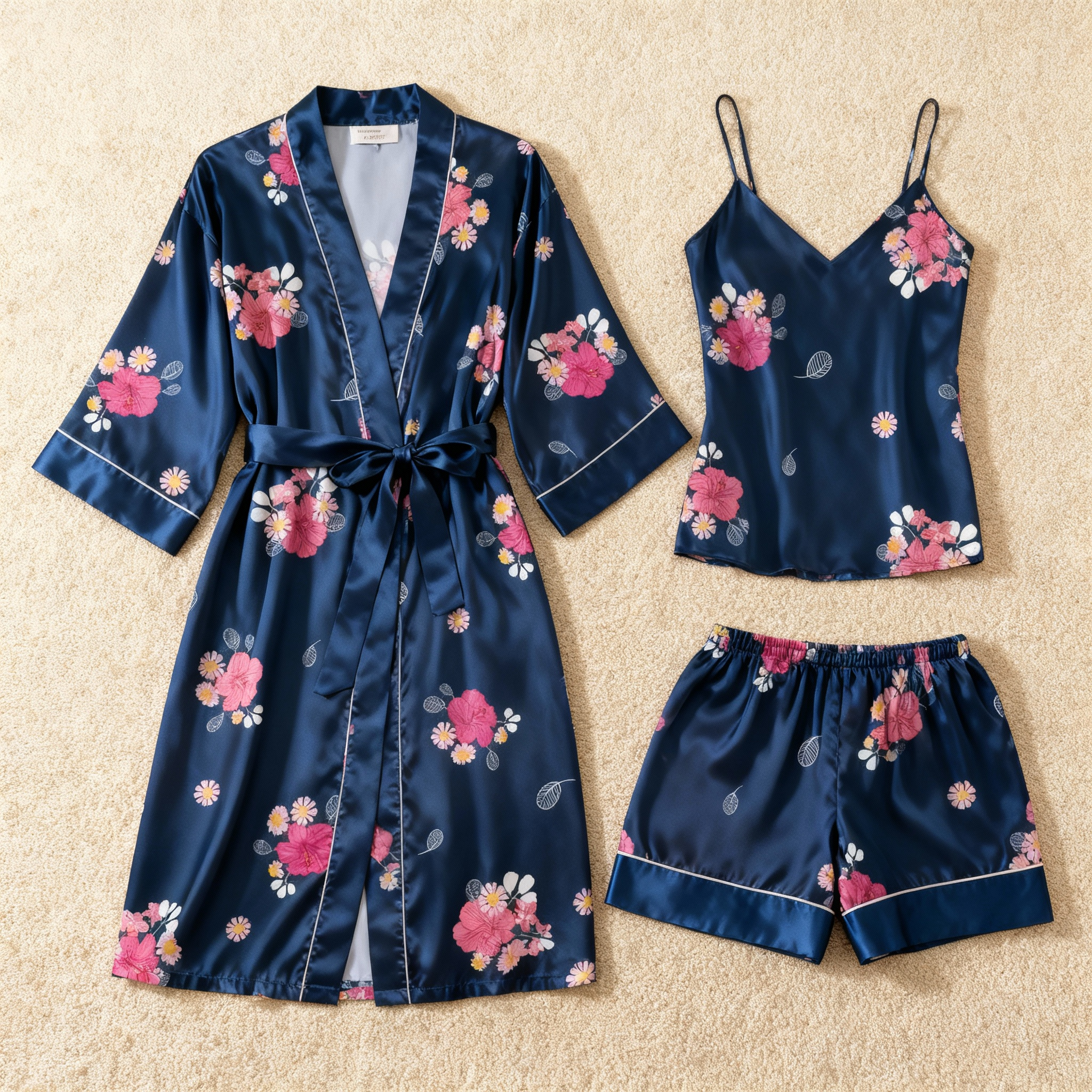 Delicate Floral Motif 3-Piece Satin Lounge Set for Women