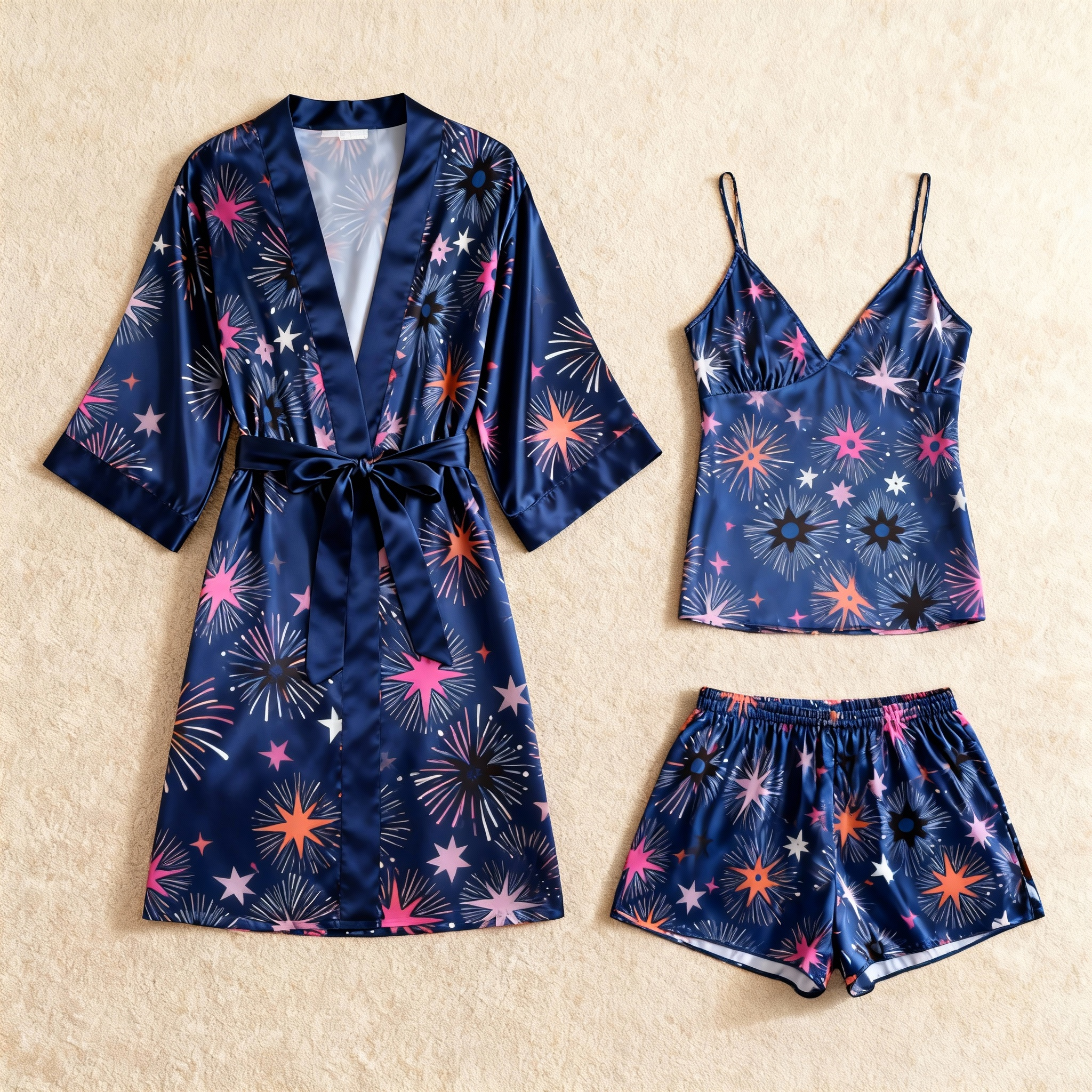 Elegant Satin Loungewear Trio with Radiant Fireworks Design
