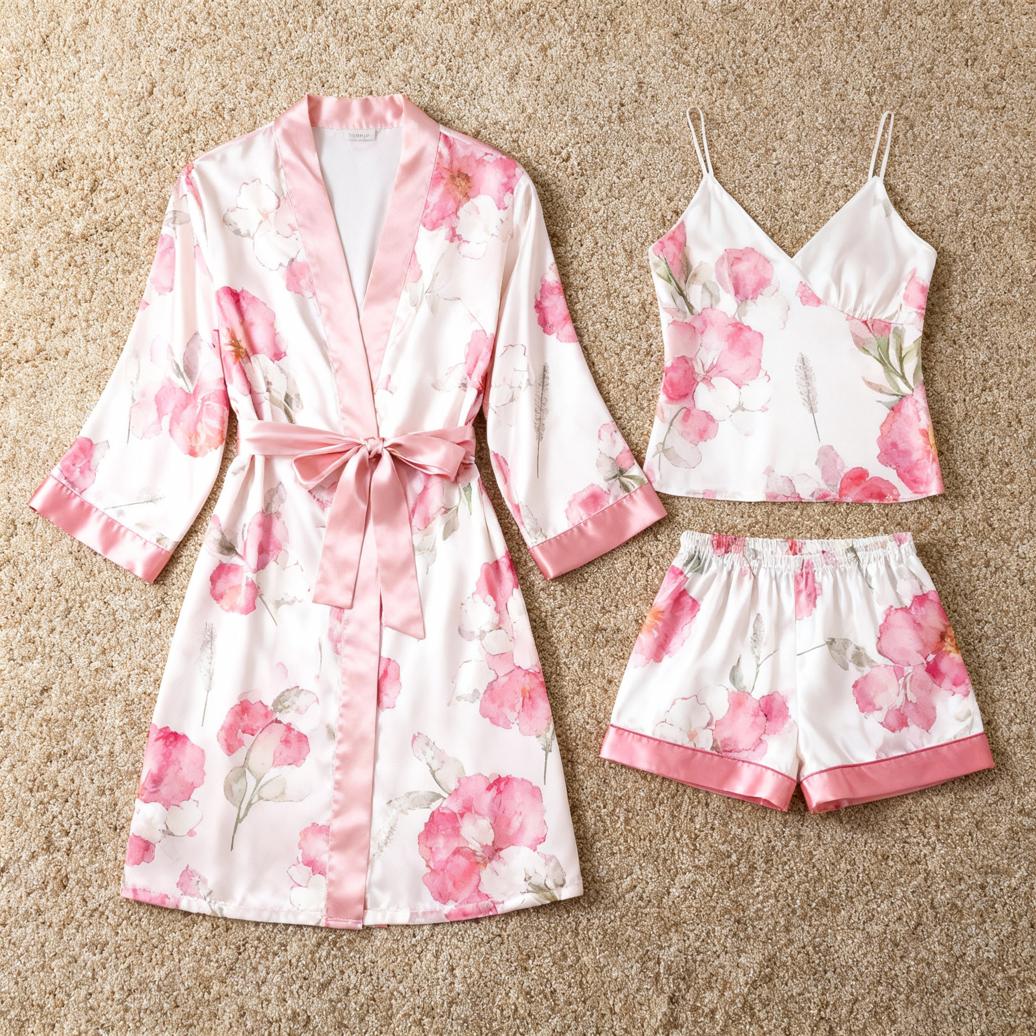 Elegant Satin 3-Piece Loungewear Set with Watercolor Floral Pattern