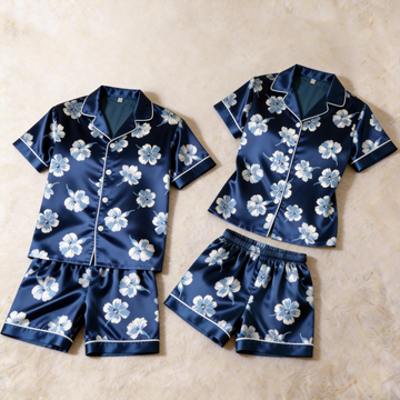 Silky Satin Navy Floral Print Pajama Set – Creative Couple Sleepwear