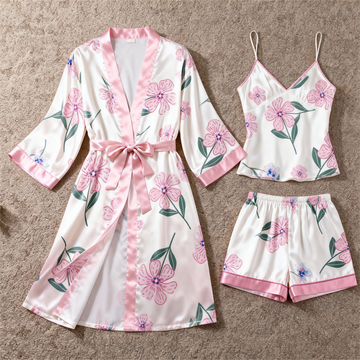 Elegant Satin 3-Piece Loungewear Set with Pink Floral&Leaves Pattern