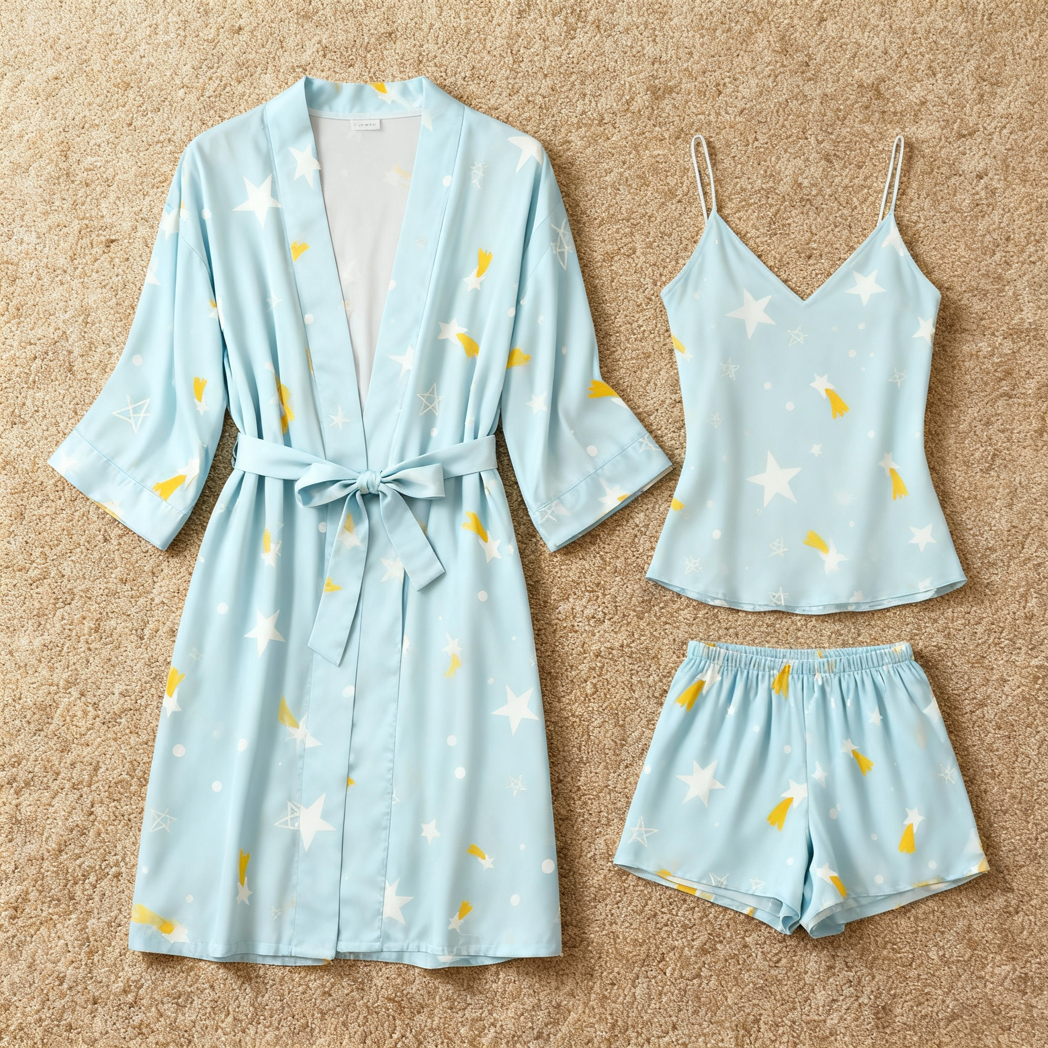 Elegant Satin Loungewear Trio with Simple Stars Design