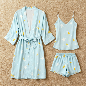 Elegant Satin Loungewear Trio with Simple Stars Design