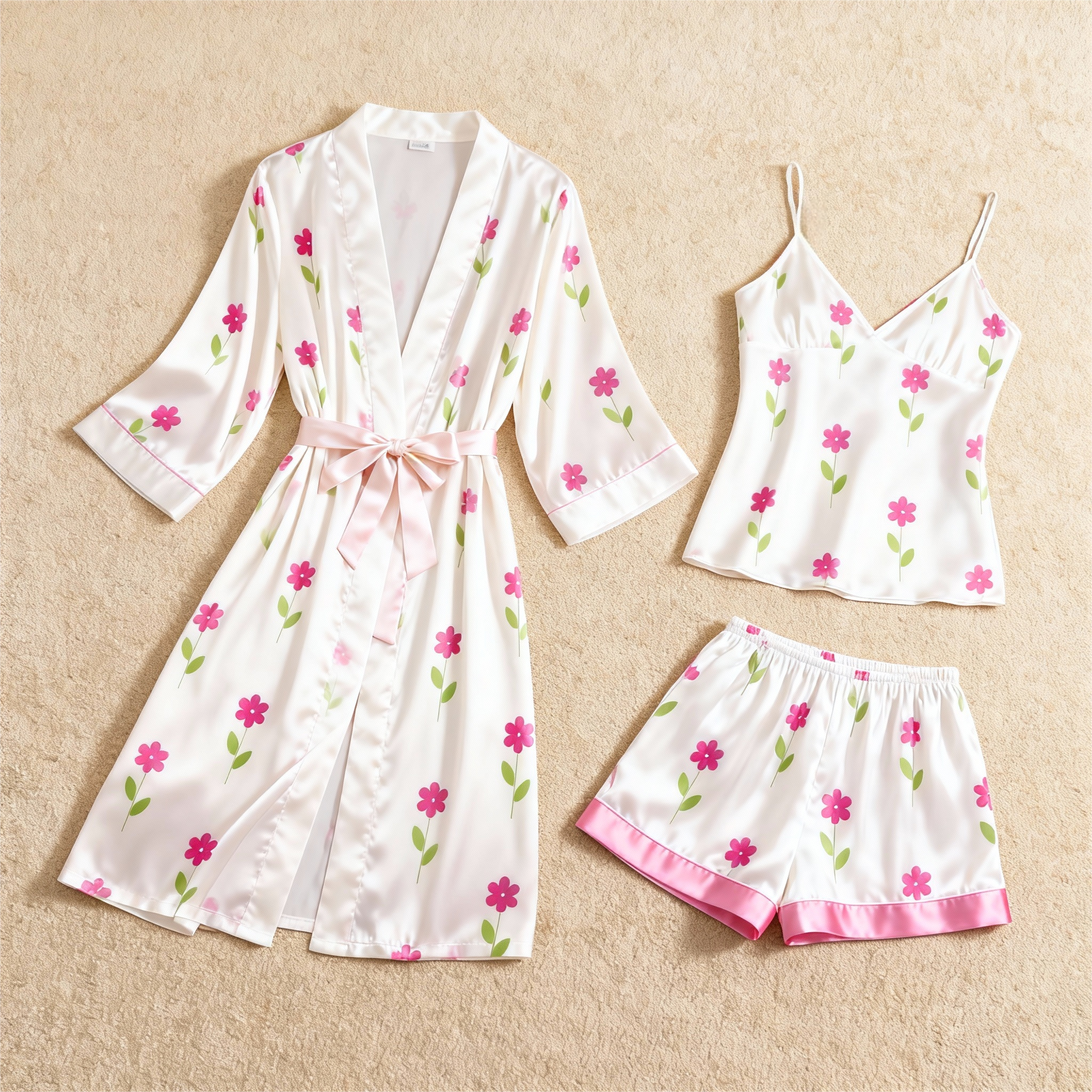 Gentle Floral Motif 3-Piece Satin Lounge Set for Women