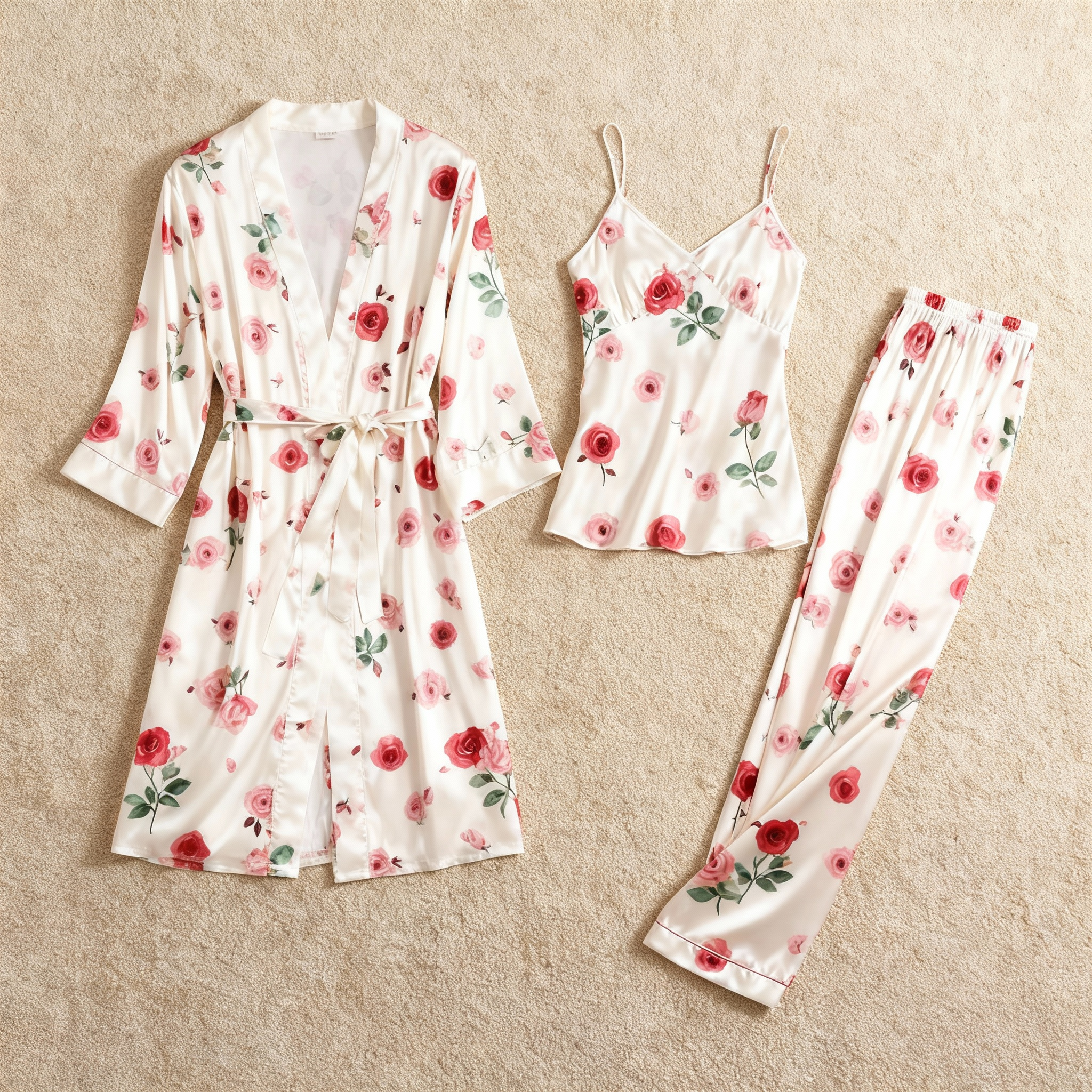 Women's Satin 3-Piece Loungewear Set in Romantic Vintage Floral Style