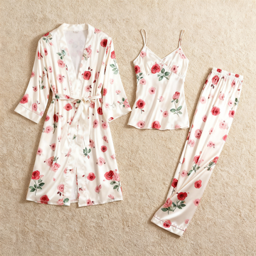 Women's Satin 3-Piece Loungewear Set in Romantic Vintage Floral Style