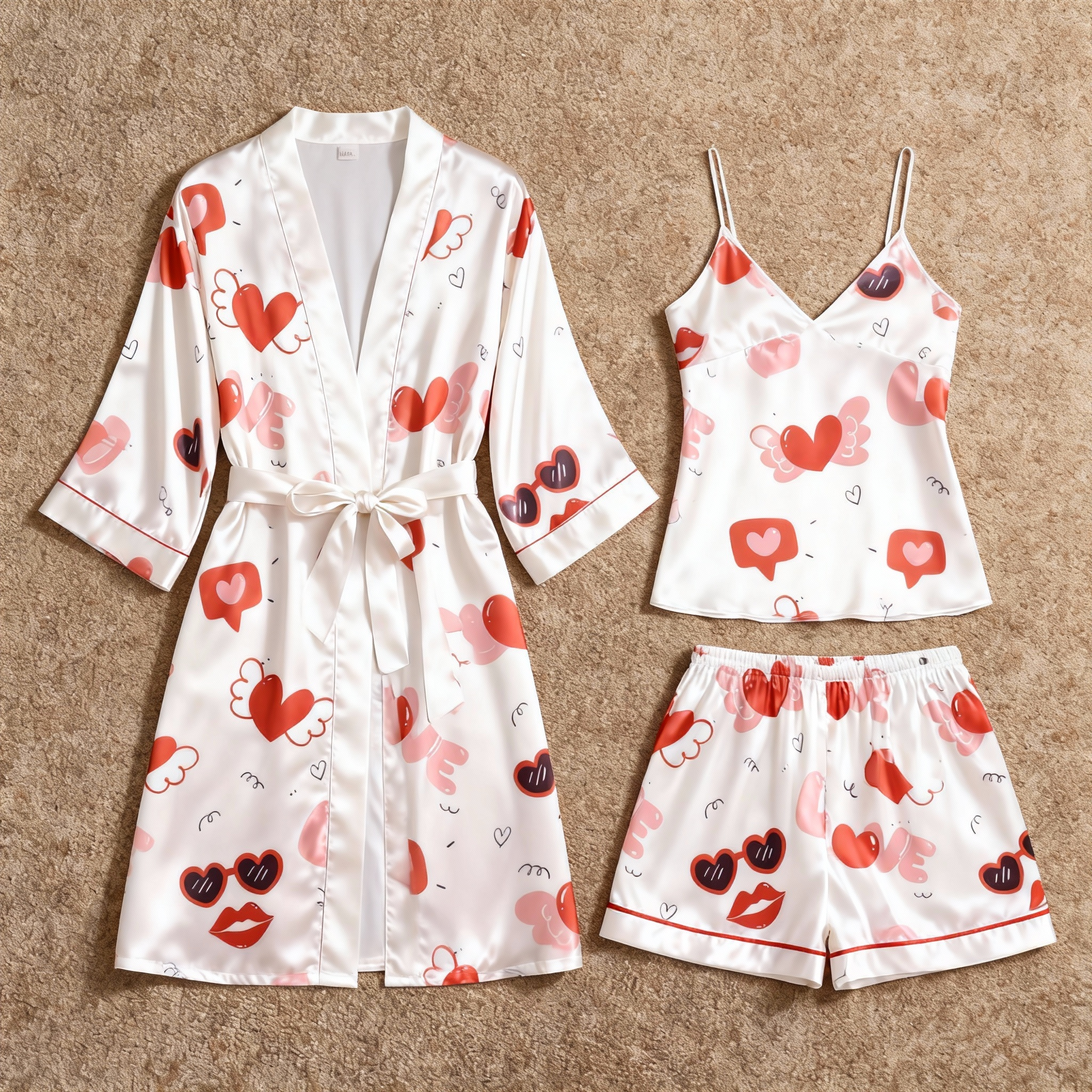 Elegant Satin 3-Piece Loungewear Set with Playful Kiss Pattern