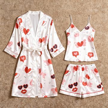Elegant Satin 3-Piece Loungewear Set with Playful Kiss Pattern