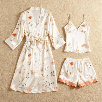 Light Botanical Motif 3-Piece Satin Lounge Set for Women