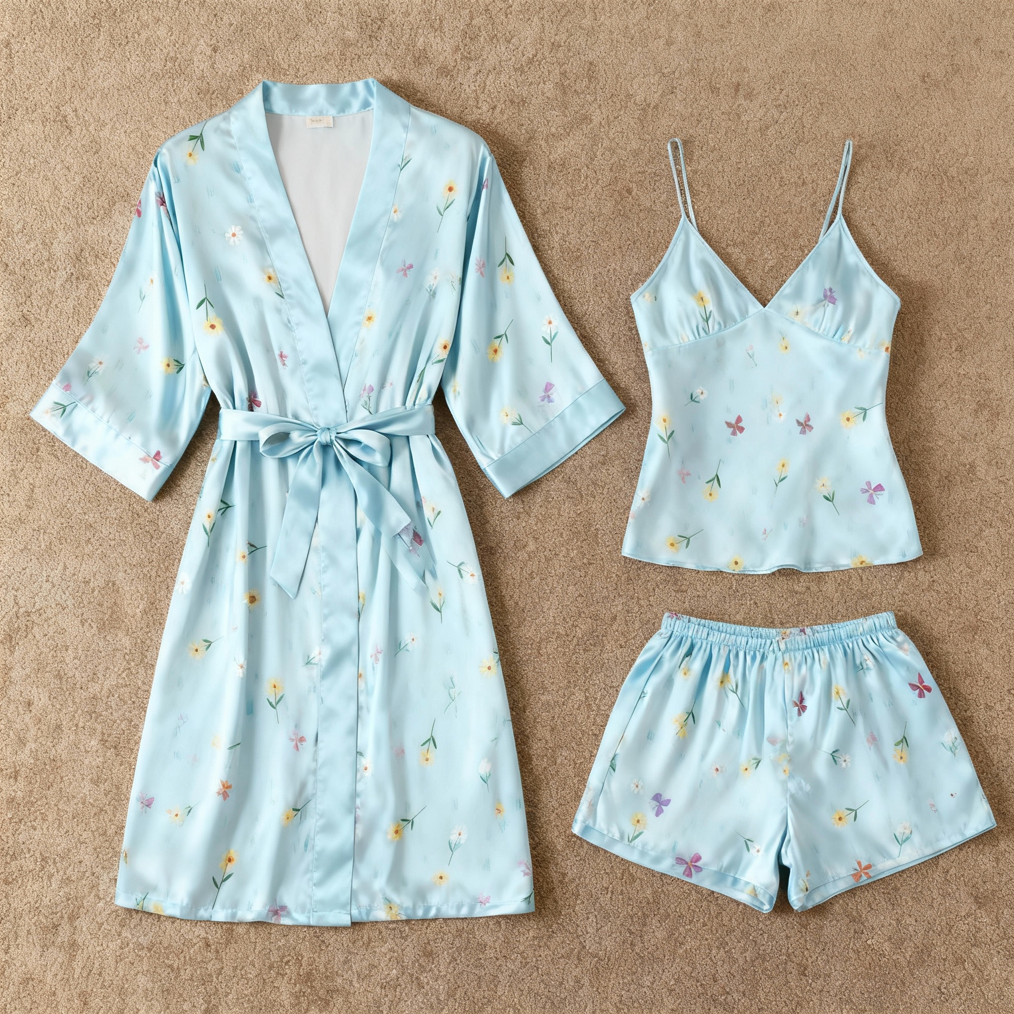 Elegant Satin Loungewear Trio with Dainty Floral Design