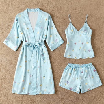 Elegant Satin Loungewear Trio with Dainty Floral Design