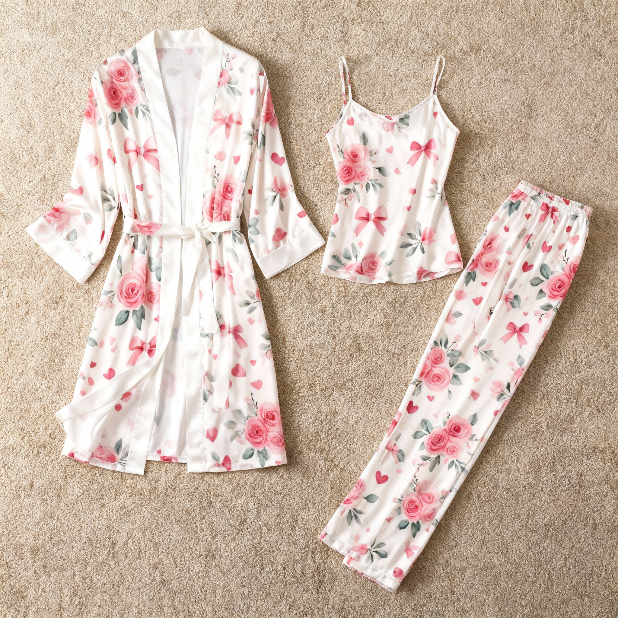 Women's 3-Piece Romantic Floral Satin Loungewear