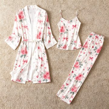 Women's 3-Piece Romantic Floral Satin Loungewear