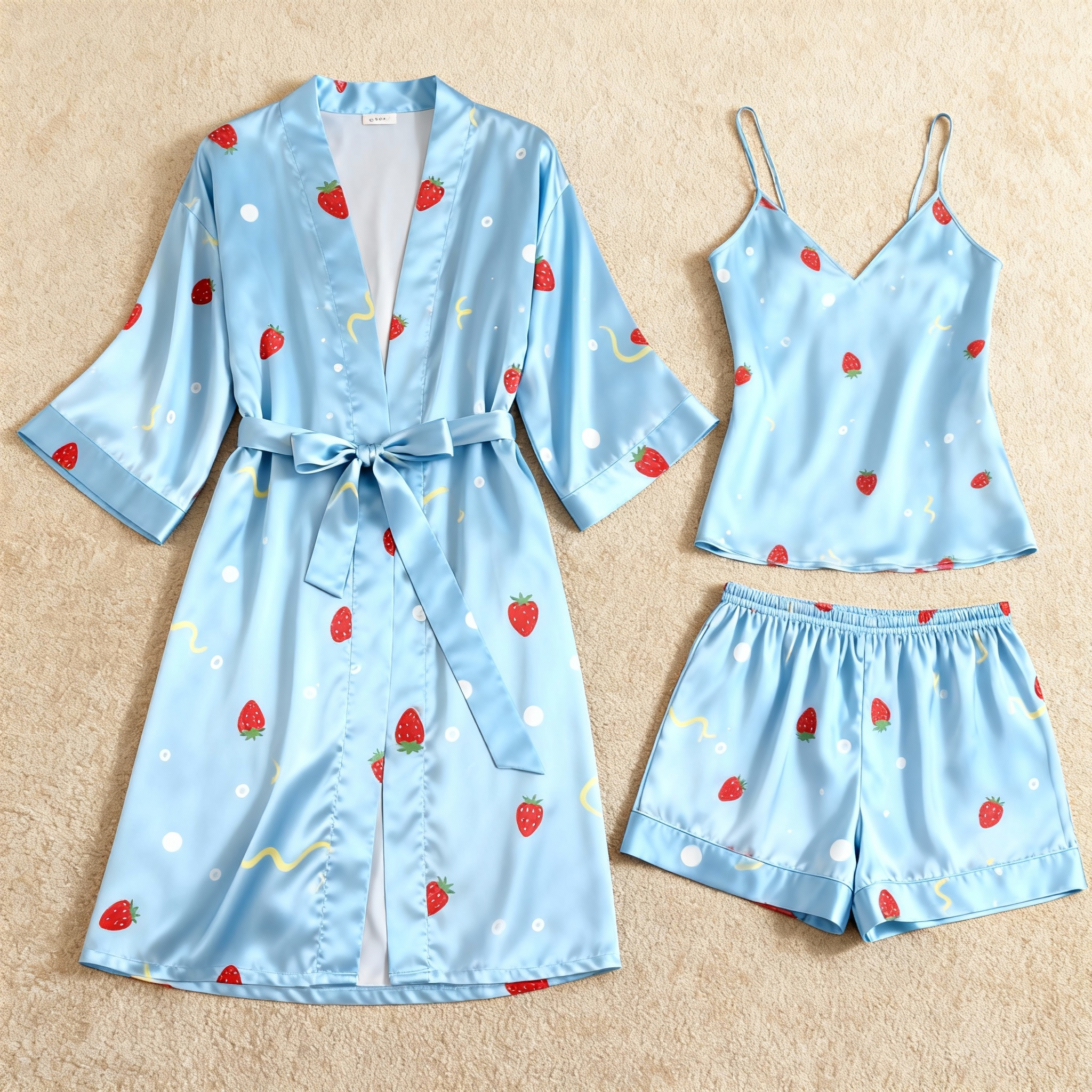 Cute Strawberry Motif 3-Piece Satin Lounge Set for Women
