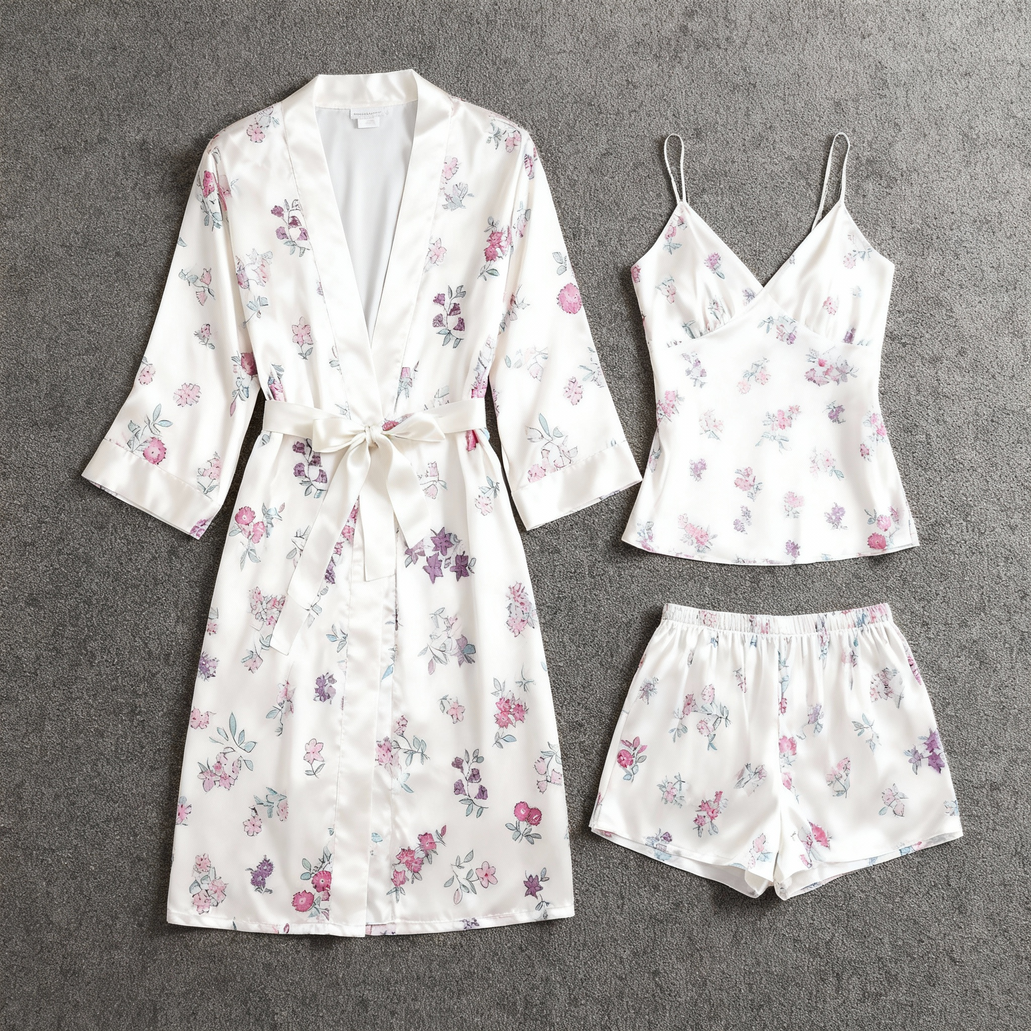 Elegant Satin Loungewear Trio with Purple Dainty Floral Design