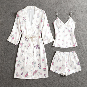 Elegant Satin Loungewear Trio with Purple Dainty Floral Design
