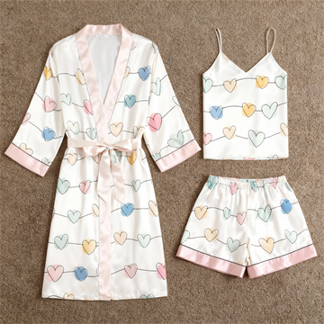 Elegant Satin 3-Piece Loungewear Set with Simple Pattern Design