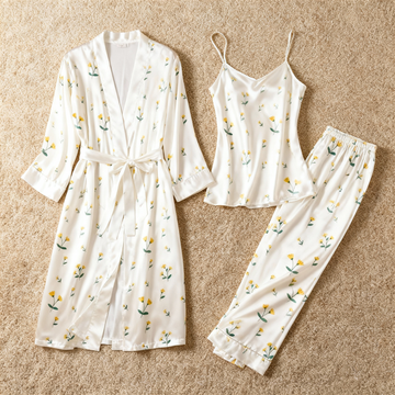 Women's 3-Piece Minimal Floral Design Satin Loungewear