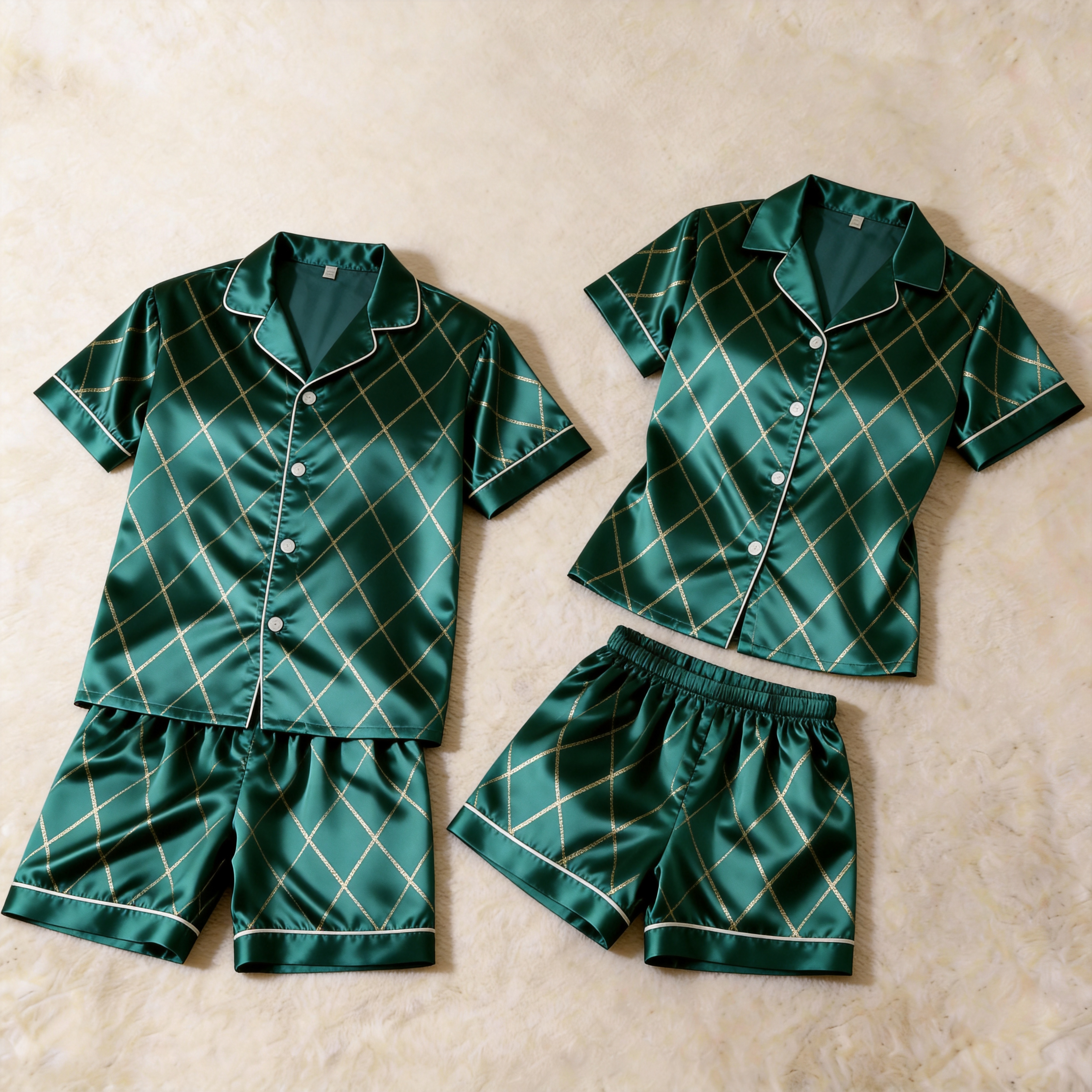 Satin Print Vintage Green Pajama Set – Unique Couple Sleepwear
