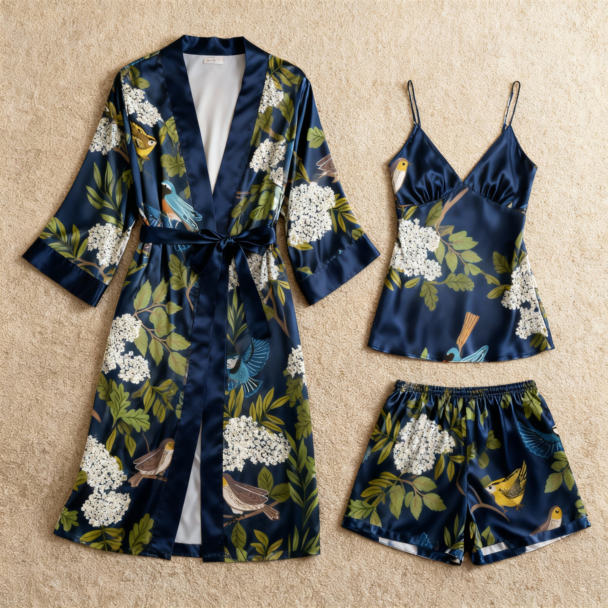 Elegant Satin Loungewear Trio with Florals & Birds Design